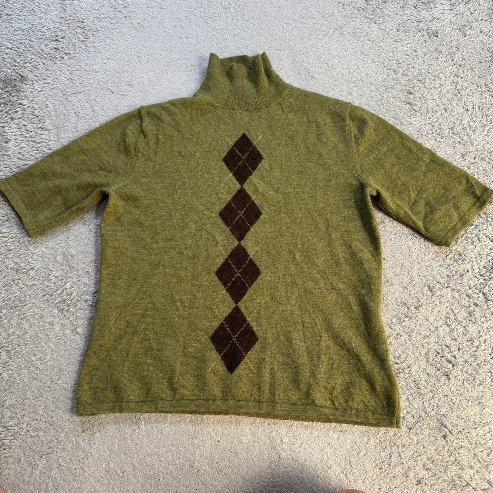Eddie Bauer Womens Argyle Turtleneck Sweater M Green Merino Wool Short Sleeve